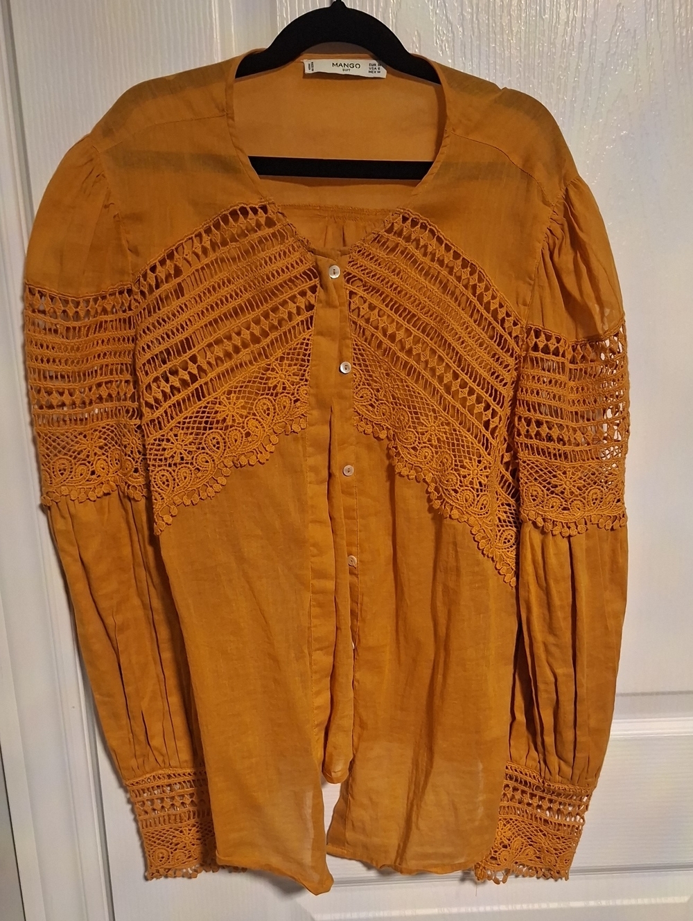 Mango‎ Mustard Crochet-Trim Button-Front Blouse